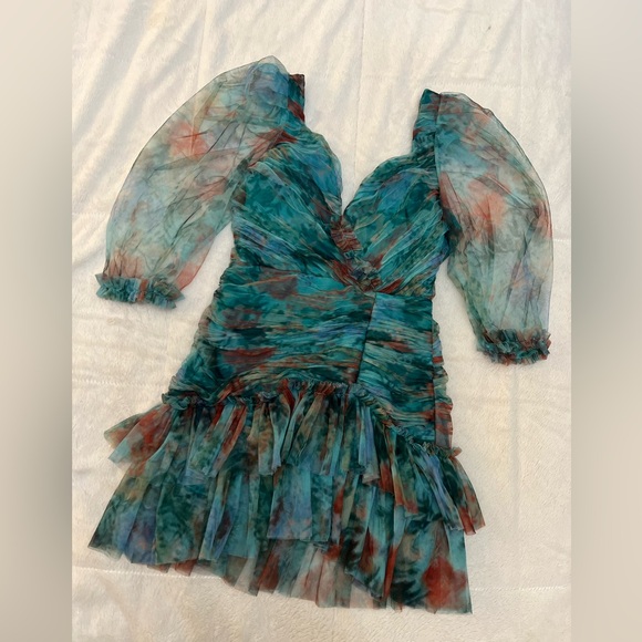 ✨ Rosevelvet Ruched Floral Mini Dress - Sheer Sleeves & Tiered Skirt - Picture 6 of 15